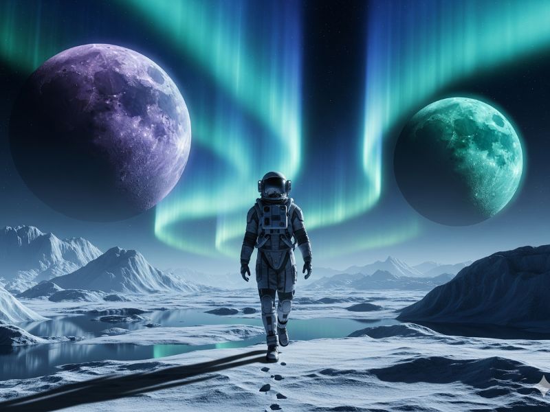 “Split-scene of Mickey 17’s futuristic setting with vibrant neon lights and icy terrain — symbolizing existential themes in one of the best summer 2025 releases.