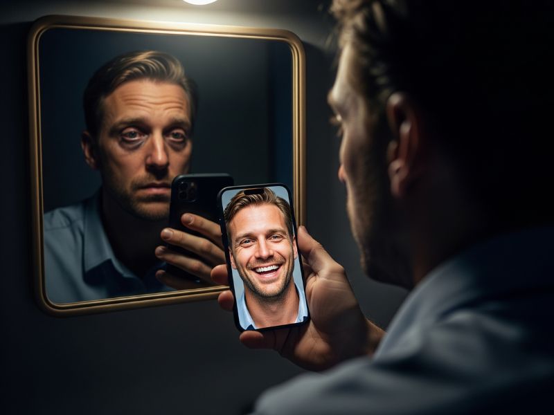 a person looking sad in reality and posting happy photos on social media, highlighting the reality of social media these days and its impact of self worth.