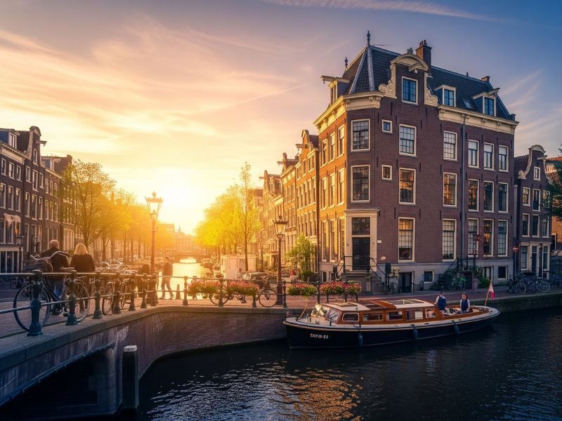 Sunset view of a canal lined with historic buildings and cafés — a classic travel destination in Amsterdam, Netherlands.