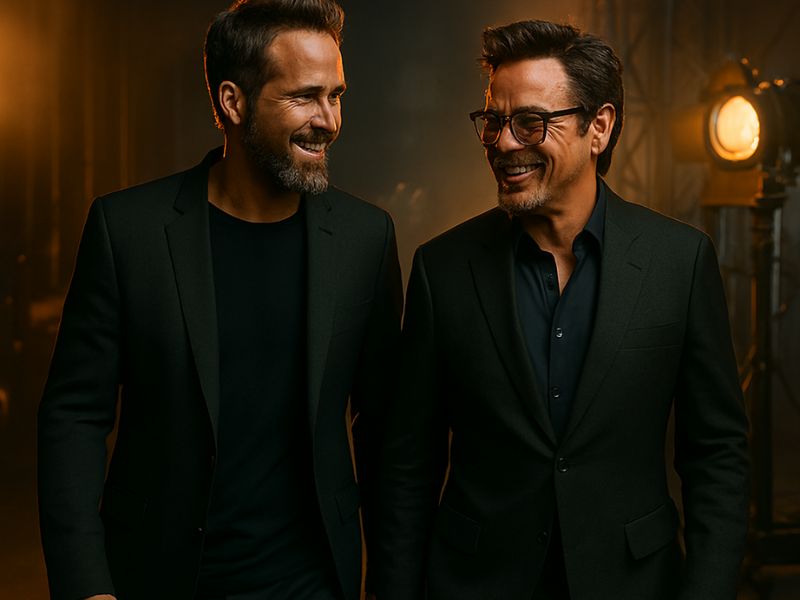 “Friendly interaction between Ryan Reynolds and Robert Downey Jr. in a warmly lit setting, challenging the narrative of the Ryan Reynolds and Robert Downey Jr. feud.”