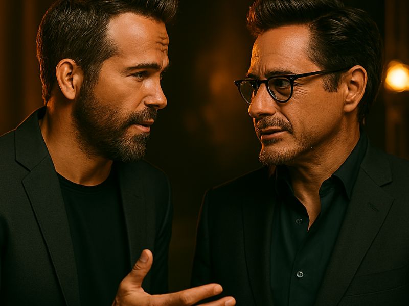 “Ryan Reynolds and Robert Downey Jr. sharing a candid moment in conversation, debunking feud rumors with warm expressions — a behind-the-scenes glimpse into the truth behind the Ryan Reynolds and Robert Downey Jr. feud.”