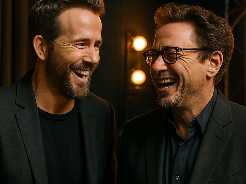 Smiling exchange between Ryan Reynolds and Robert Downey Jr. under soft lighting, symbolizing unity and clarity amid Ryan Reynolds and Robert Downey Jr. feud speculation.