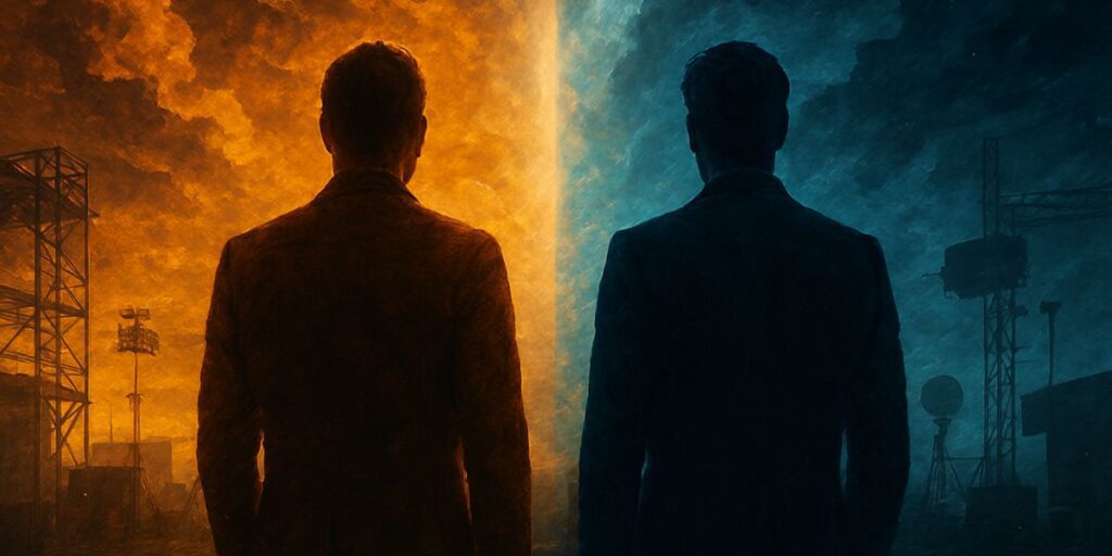 Surreal cinematic 8K image symbolizing reconciliation amid the Ryan Reynolds and Robert Downey Jr. feud, featuring two abstract silhouettes standing side by side under a dramatic sky split between warm golden light and cool blue tones. A radiant beam of light breaks through swirling clouds, illuminating a shared path forward, with film set elements and cosmic energy in the background, evoking unity, truth, and behind-the-scenes harmony.