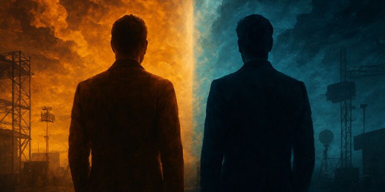Surreal cinematic 8K image symbolizing reconciliation amid the Ryan Reynolds and Robert Downey Jr. feud, featuring two abstract silhouettes standing side by side under a dramatic sky split between warm golden light and cool blue tones. A radiant beam of light breaks through swirling clouds, illuminating a shared path forward, with film set elements and cosmic energy in the background, evoking unity, truth, and behind-the-scenes harmony.