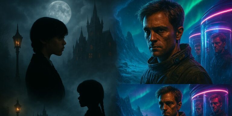 Split-scene banner of Wednesday Addams and Mickey 17, symbolizing the best summer 2025 releases with gothic mystery and futuristic sci-fi.”