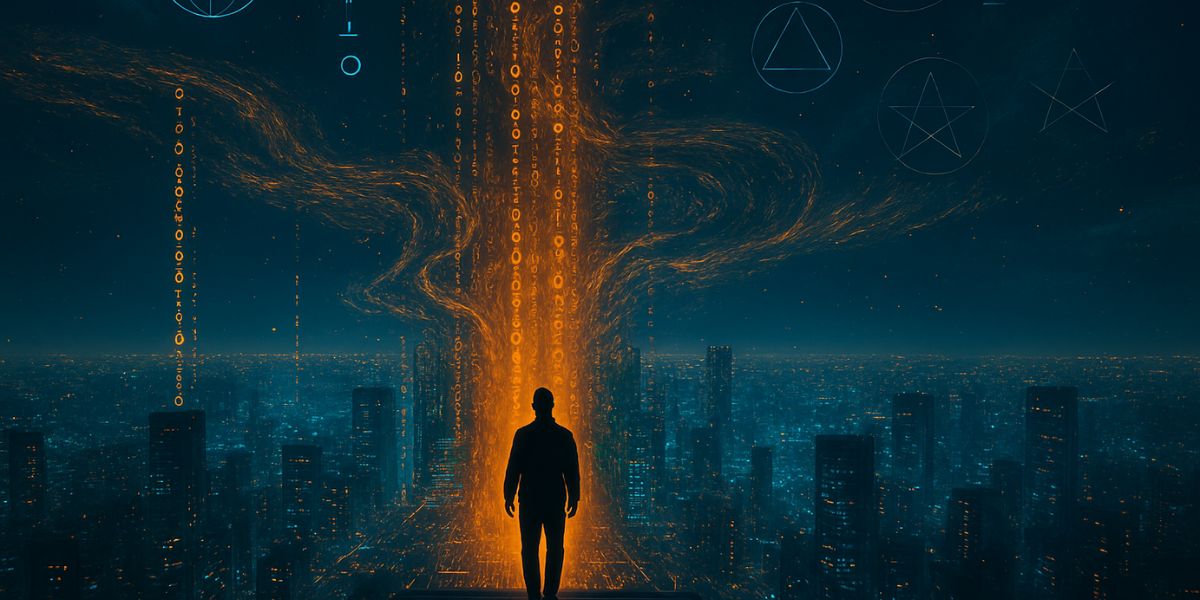 “Surreal cinematic image of a silhouetted figure overlooking a futuristic cityscape at night, with glowing streams of binary code and geometric symbols rising into the sky — a powerful visual metaphor for data transformation shaping digital reality.”