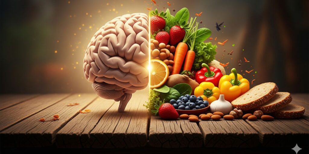 A wide horizontal, surreal image showing a human brain on the left side, with its right side transforming into a vibrant, artfully arranged collection of fresh fruits, vegetables, and whole foods on a rustic wooden table, symbolizing the strong food and mood connection.
