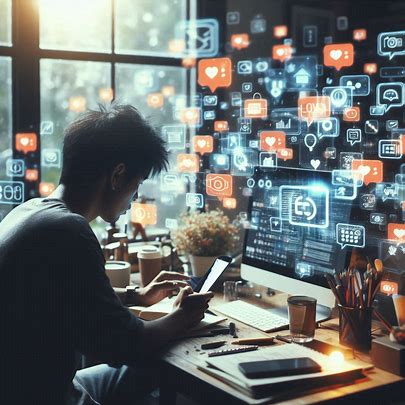 Individual surrounded by a distracting digital overlay while working, highlighting the challenges of maintaining focus in a connected world and the need for minimal tech maximum focus.