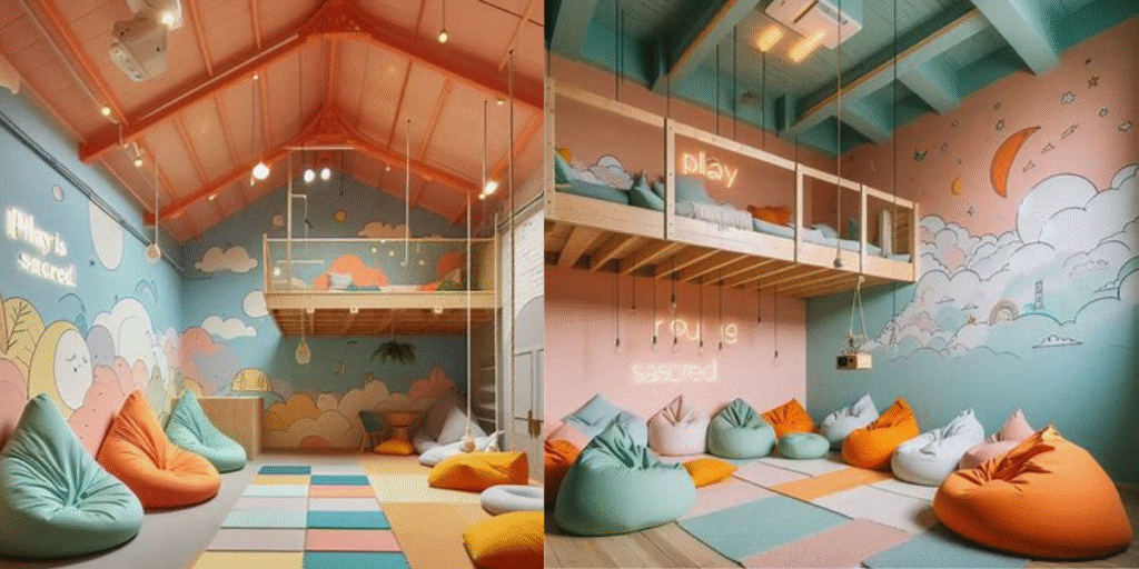 Cheerful children’s bedroom decorated with bright colors, whimsical decor, and cozy furnishings for a joyful space"