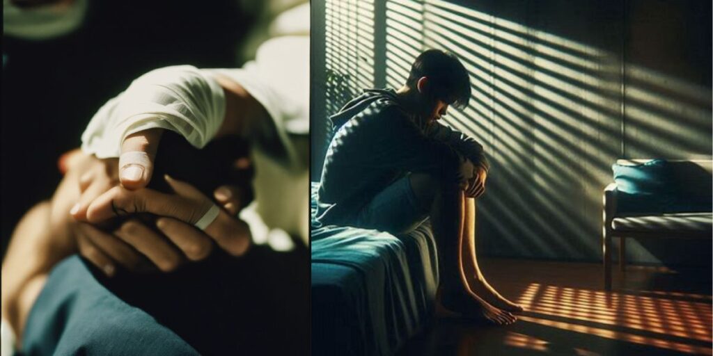 Emotional depiction of self harm among teens, showing a teenager sitting alone in a dimly lit room with bandaged hands, symbolizing pain, isolation, and the silent struggle.