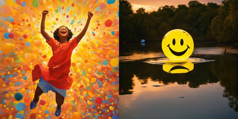 Symbolic contrast representing recovery and hope after self harm among teens, showing a joyful child in bright colors beside a glowing smiley face on water, symbolizing healing and positivity."