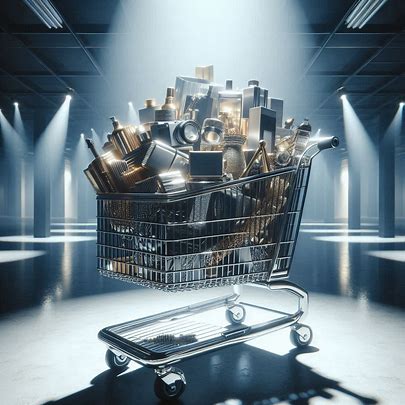Shopping cart filled with electronic devices, representing consumerism and the quest to escape the fleeting happiness trap.