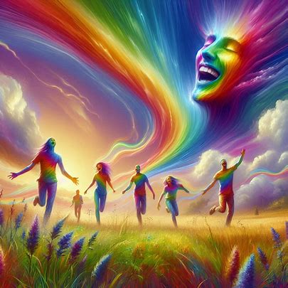 Vibrant rainbow faces in the sky with people walking through fields, symbolizing transformation and positivity through mood tracking for mental health.