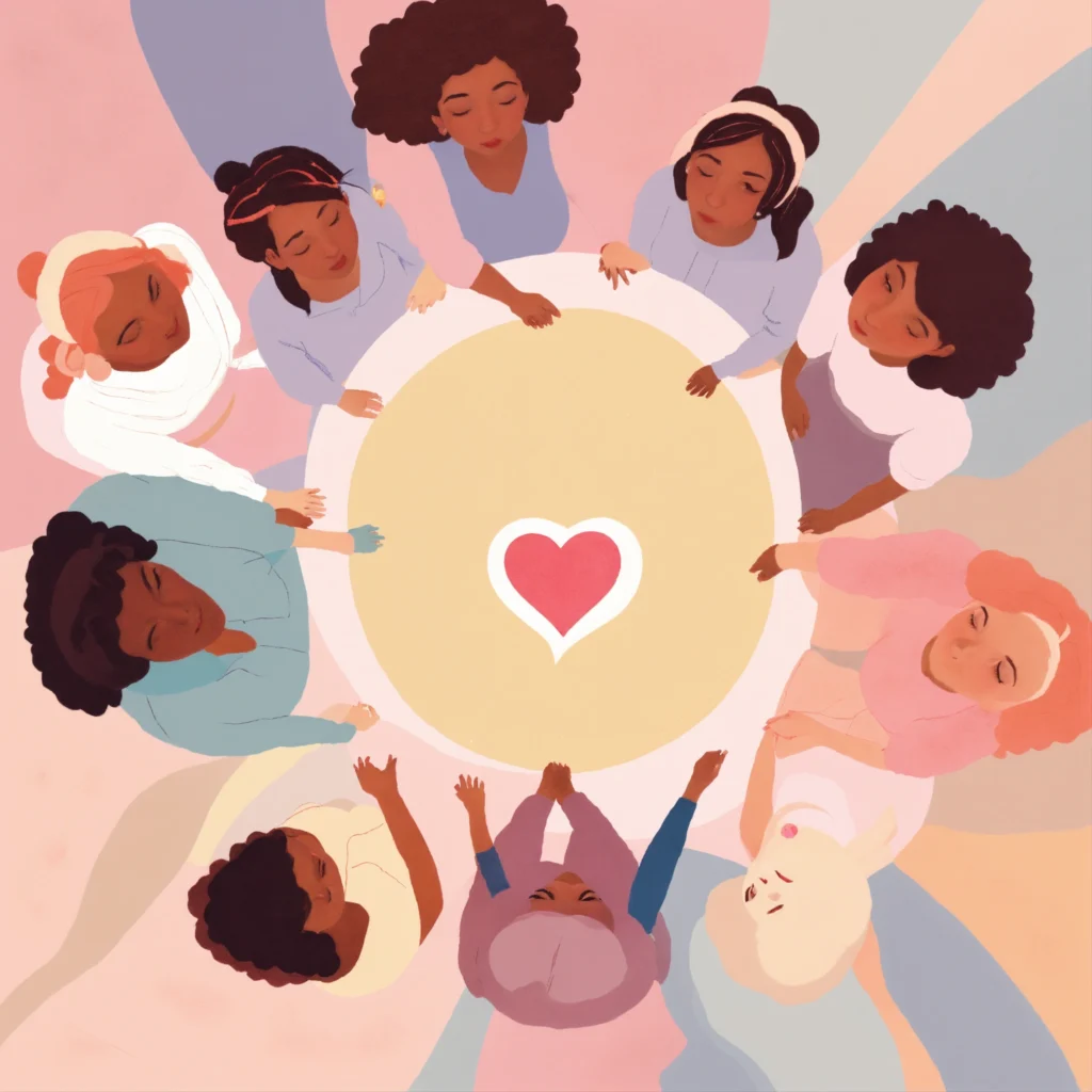 Group of diverse people forming a support circle around a heart symbol, representing connection and emotional support