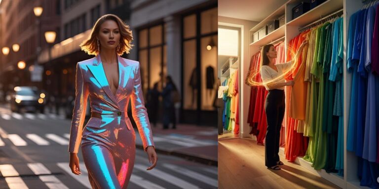 “Confident woman in a shimmering metallic dress walking through the city at night, paired with a vibrant wardrobe color selection scene — showcasing the numerology of your wardrobe for style and energy alignment.”