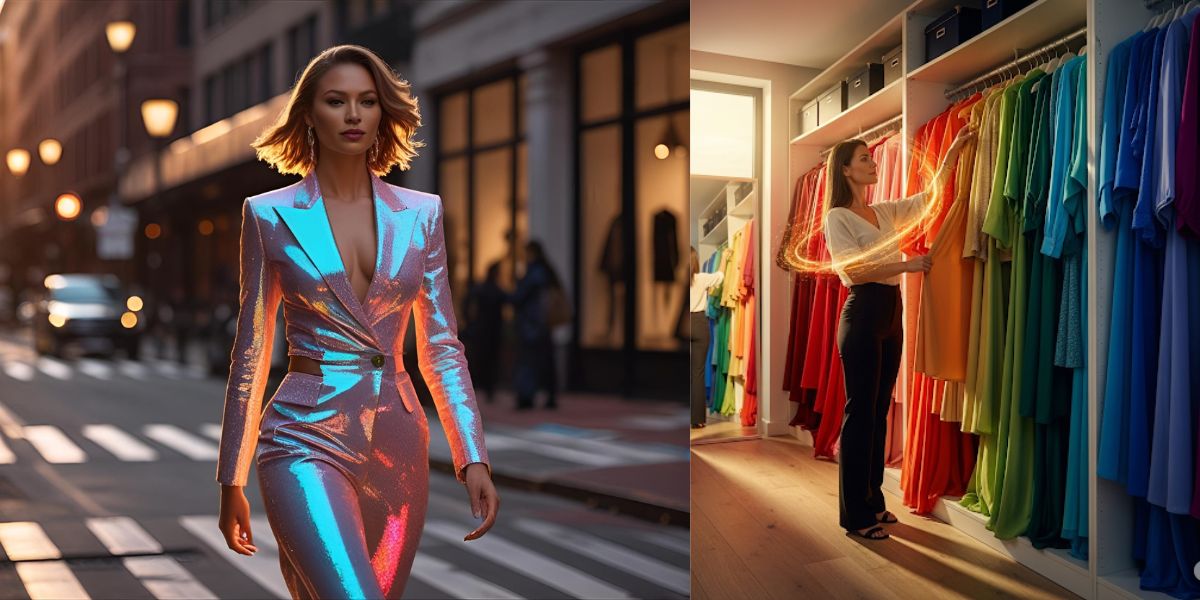 “Confident woman in a shimmering metallic dress walking through the city at night, paired with a vibrant wardrobe color selection scene — showcasing the numerology of your wardrobe for style and energy alignment.”