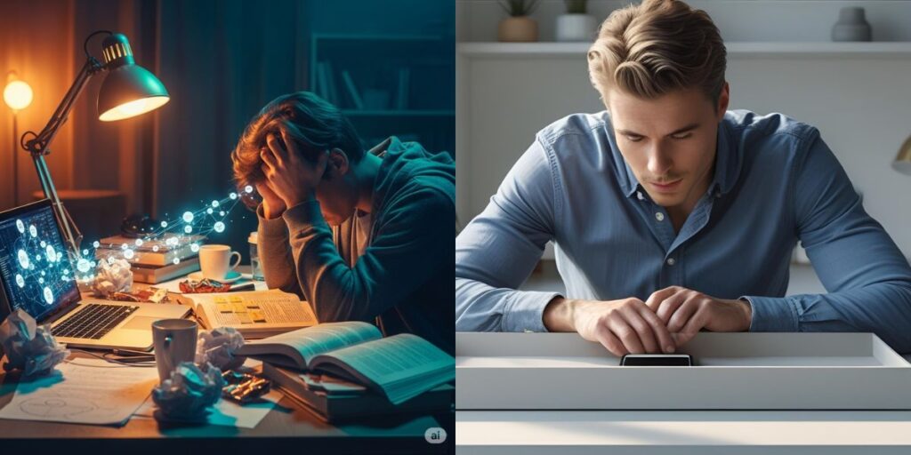 A conceptual collage contrasting a person overwhelmed by a chaotic digital environment with an individual calmly putting their phone away in a tray, illustrating the principle of minimal tech maximum focus