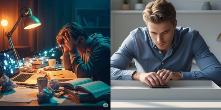 A conceptual collage contrasting a person overwhelmed by a chaotic digital environment with an individual calmly putting their phone away in a tray, illustrating the principle of minimal tech maximum focus