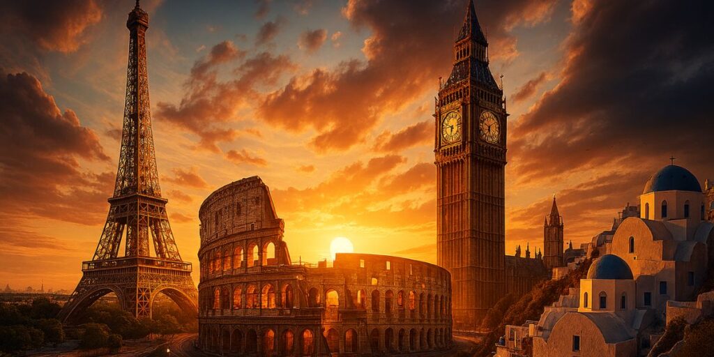 Collage of iconic European travel destinations at sunset—featuring the Eiffel Tower, Colosseum, Big Ben, and Santorini’s cliffside homes—bathed in golden light.