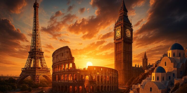 Collage of iconic European travel destinations at sunset—featuring the Eiffel Tower, Colosseum, Big Ben, and Santorini’s cliffside homes—bathed in golden light.