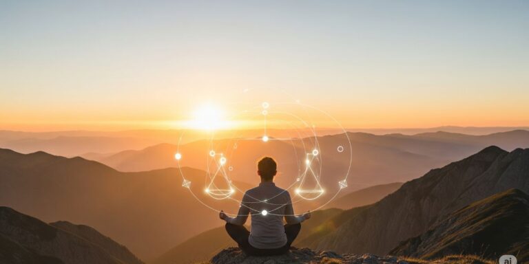A silhouette of a person meditating on a mountain at sunrise, with a glowing scale symbol above their head. Keyword: mental wealth.