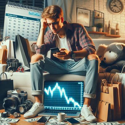 A person sits in a chaotic room surrounded by gadgets, books, and shopping bags, staring at a smartphone while a nearby computer screen displays a volatile stock market graph—capturing financial anxiety and information overload.