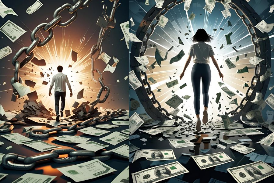 Person breaking through chains of debt into a tunnel of flying cash, representing how this one financial habit separates wealth builders from wage earners.
