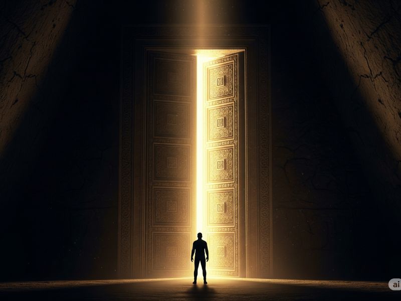 a man standing in front of a massive gate guarding his mental wealth