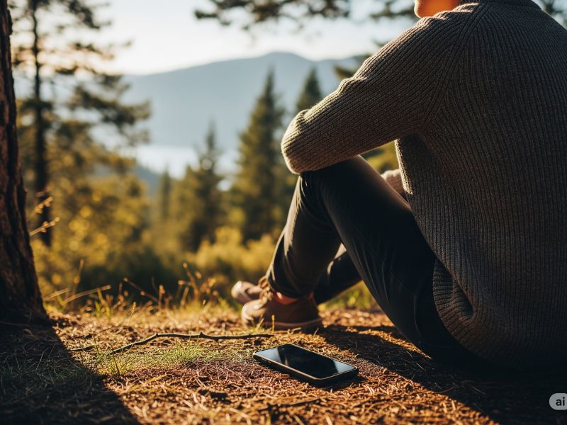 A person sitting alone on the grass in a peaceful forest, their smartphone lying abandoned on the ground beside them, representing a digital detox and a reconnection with nature.