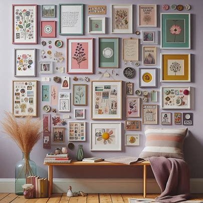 Vibrant dopamine decor room with a 'Wall of Joy' featuring colorful art, playful prints, and personal mementos"