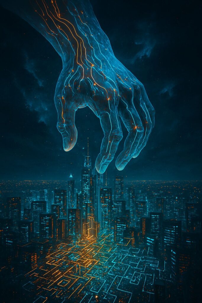 “Cinematic illustration of a glowing digital hand made of circuitry reaching over a futuristic city, symbolizing data transformation and technological control in urban environments.”