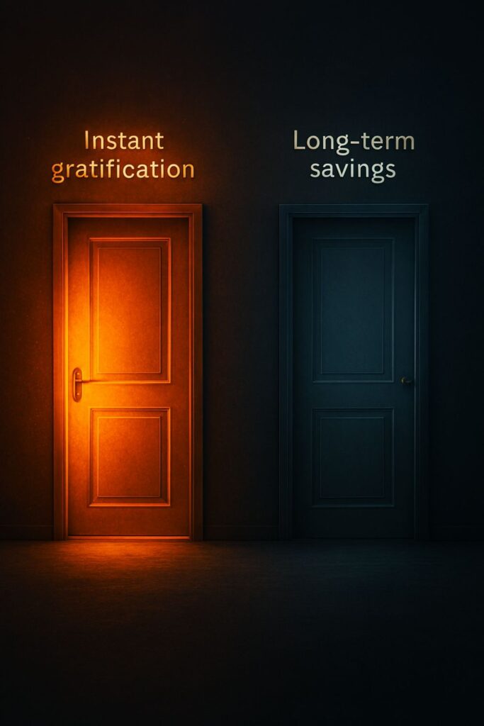 Visual metaphor for the psychology of spending: choosing between instant gratification and long-term savings.
