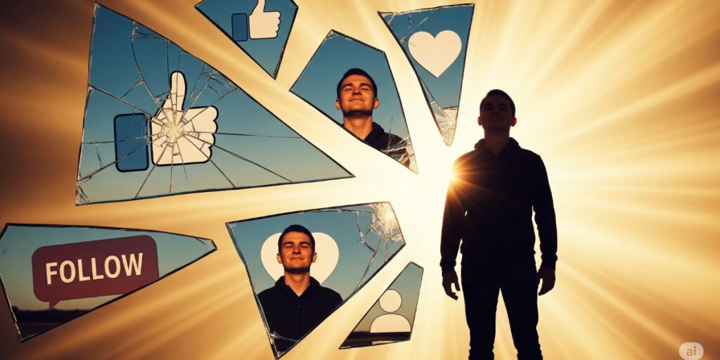 An image symbolizing freedom from the pressures of social media and self-worth. It shows a person's silhouette standing against a warm light, with broken social media icons scattered on the ground.