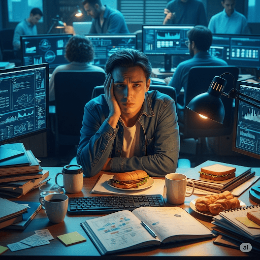Individual looking stressed and lost amidst multiple computer screens and data streams in a chaotic office, symbolizing analysis paralysis and why smart people waste the most time through overthinking options.
