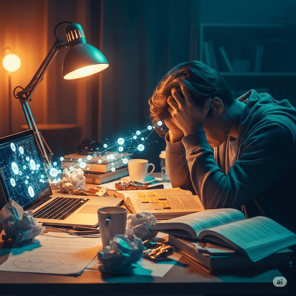 Person overwhelmed by numerous glowing distractions pulling their focus in a surreal digital landscape, representing the shiny object syndrome and a reason why smart people waste the most time.