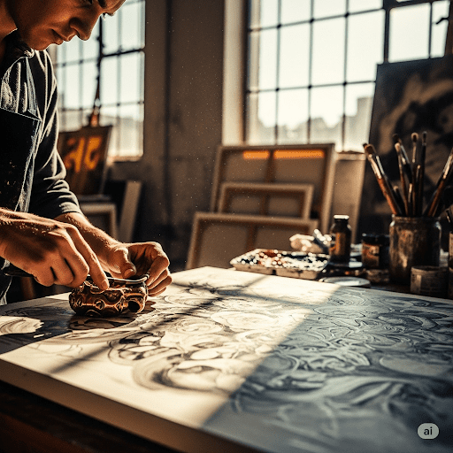 Artist meticulously refining a small detail on a large, unfinished artwork in a bright studio, illustrating perfectionism and why smart people waste the most time on minor aspects.