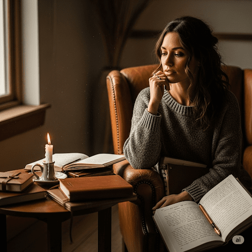 A person reading in a warm, candle-lit room, seeking comfort and stillness from the mental noise of overthinking.
