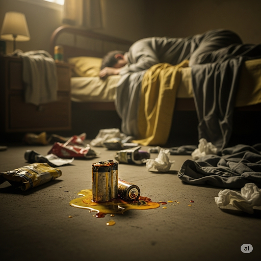 A dark, cluttered room with scattered clothes and spilled drinks, visually representing emotional burnout and the importance of mood tracking for mental health recovery.