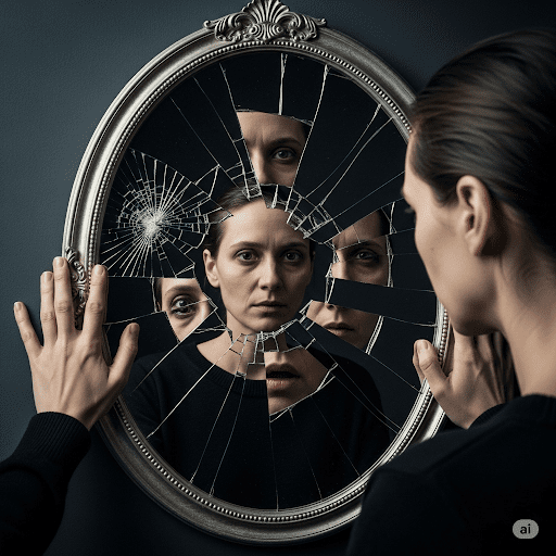 Person confronting their fragmented reflection in a broken mirror, symbolizing inner conflict and the struggle to understand how to escape the fleeting happiness trap.