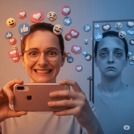 Person surrounded by social media icons, reflecting on how to escape the fleeting happiness trap.