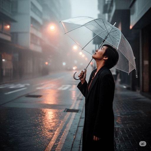 Person standing in a rainy street with an umbrella, pondering how to escape the fleeting happiness trap.