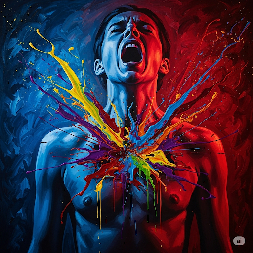 A person screaming in vivid blue and red splashes, symbolizing intense emotions and the urgent need for mood tracking for mental health.