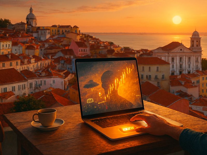 Laptop on a scenic balcony overlooking a coastal town at sunset, with coffee and pastries—an idyllic digital nomad destination blending fantasy visuals and seaside serenity."