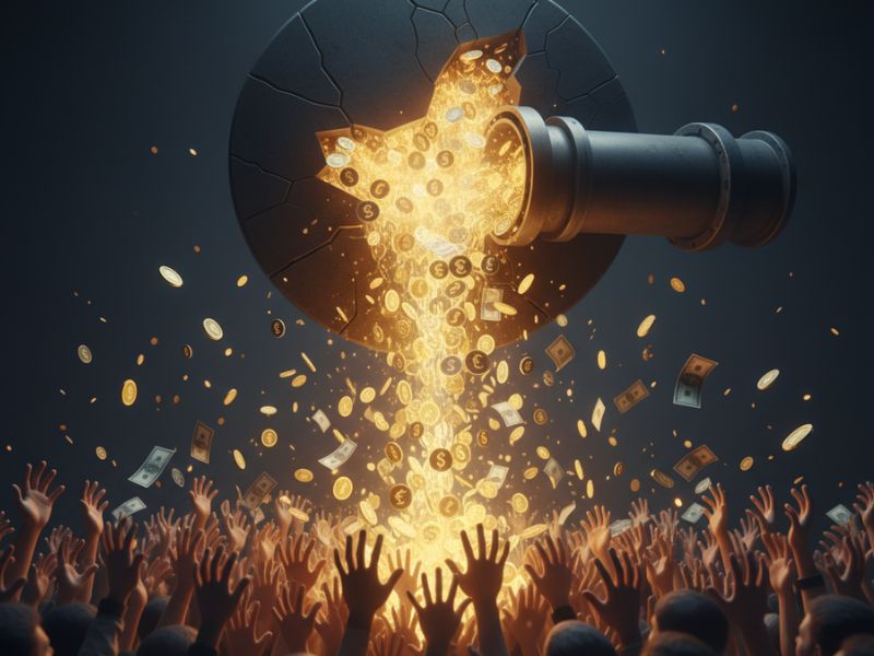 A massive gavel rains golden particles onto a reaching crowd, representing justice and public impact from the $725M privacy payout settlement.