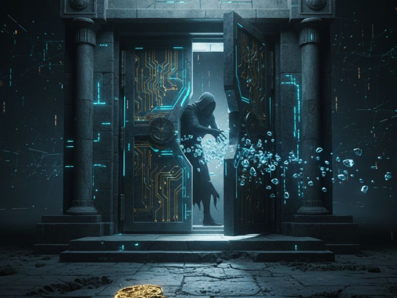 Surreal humanoid figure stands before a glowing portal with a golden key, symbolizing access and control in the wake of the $725M privacy payout.