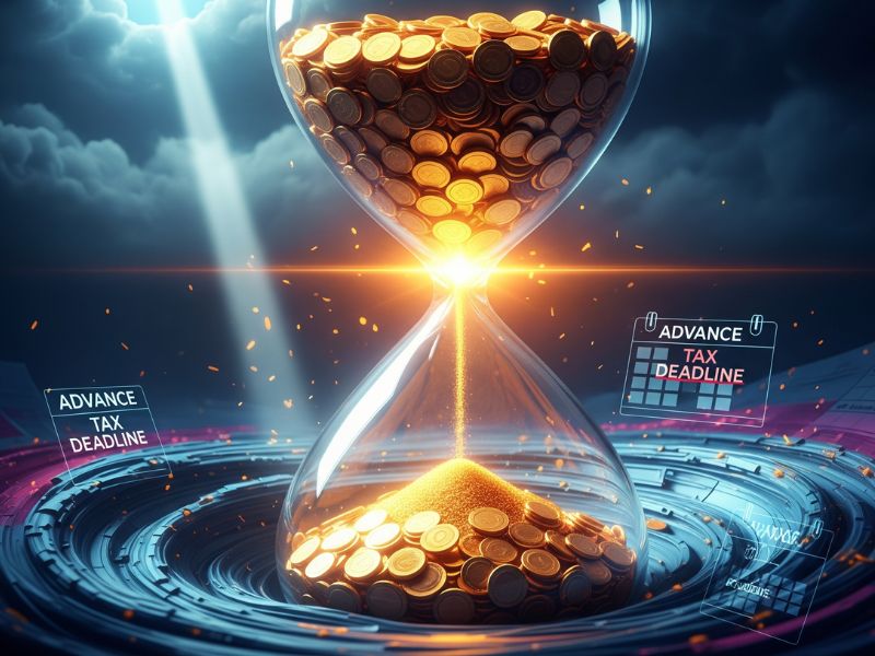 A massive hourglass filled with glowing golden coins running out, set in a digital arena — representing the final countdown and risk of penalty on advance tax.