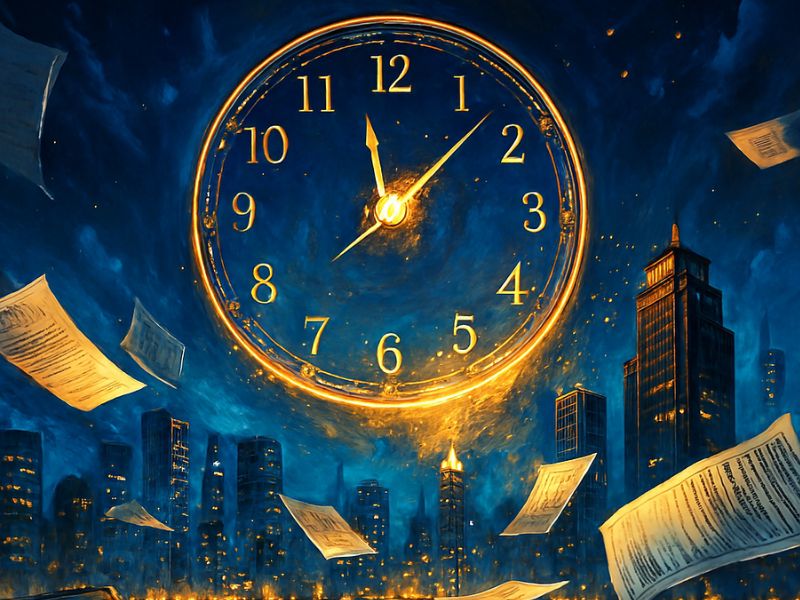 A surreal cityscape at midnight with a giant glowing clock and flying paperwork, symbolizing the urgency and looming penalty on advance tax deadlines.