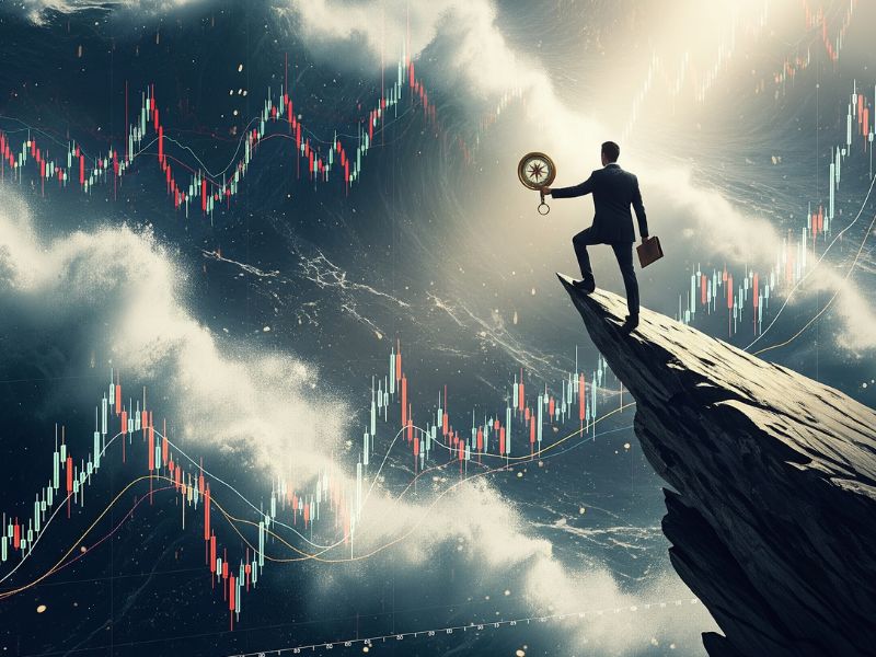 A person examines floating financial charts from a cliff’s edge under dramatic skies, representing strategic risk-taking — echoing how Bill Ackman doubled his net worth through bold market analysis