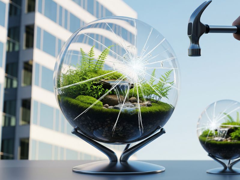 A glass globe terrarium blending nature and technology, symbolizing sustainable innovation — a visual metaphor for how Bill Ackman doubled his net worth through forward-thinking investments.