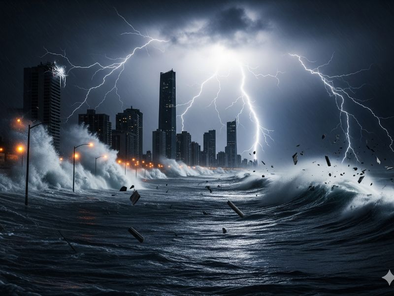 a metropolitan city flooded, warning us about the climate disaster 2025, and asking us to be prepared for it.